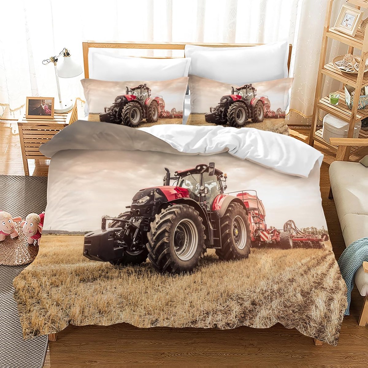 3D-print, tractorpatroon, kinderbeddengoed, microvezel dekbedovertrekken, 3-delig met ritssluiting, voor kinderen, jongeren en jongens (tractor 2, 200 x 200 cm)