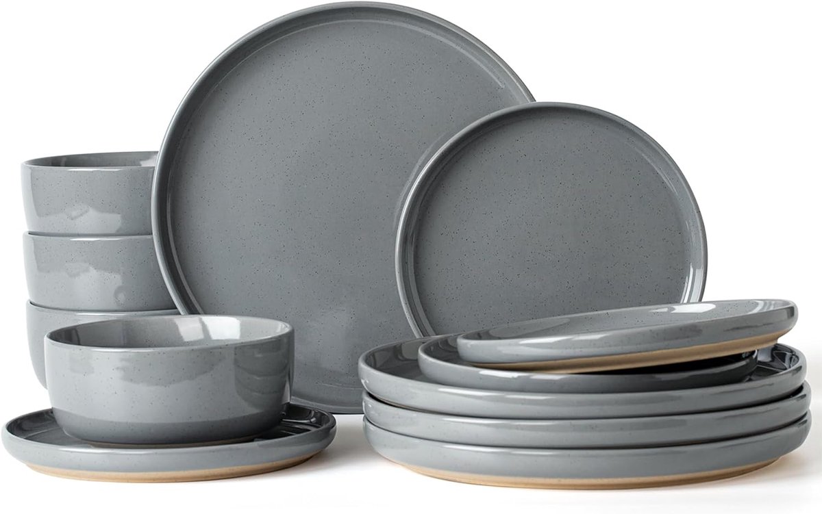 Milkyway Servies 12-delig voor 4, borden en kommen, donkergrijs | Keramieken servies set met dinerborden, dessertborden en ontbijtkommen – geschikt voor magnetron en vaatwasser