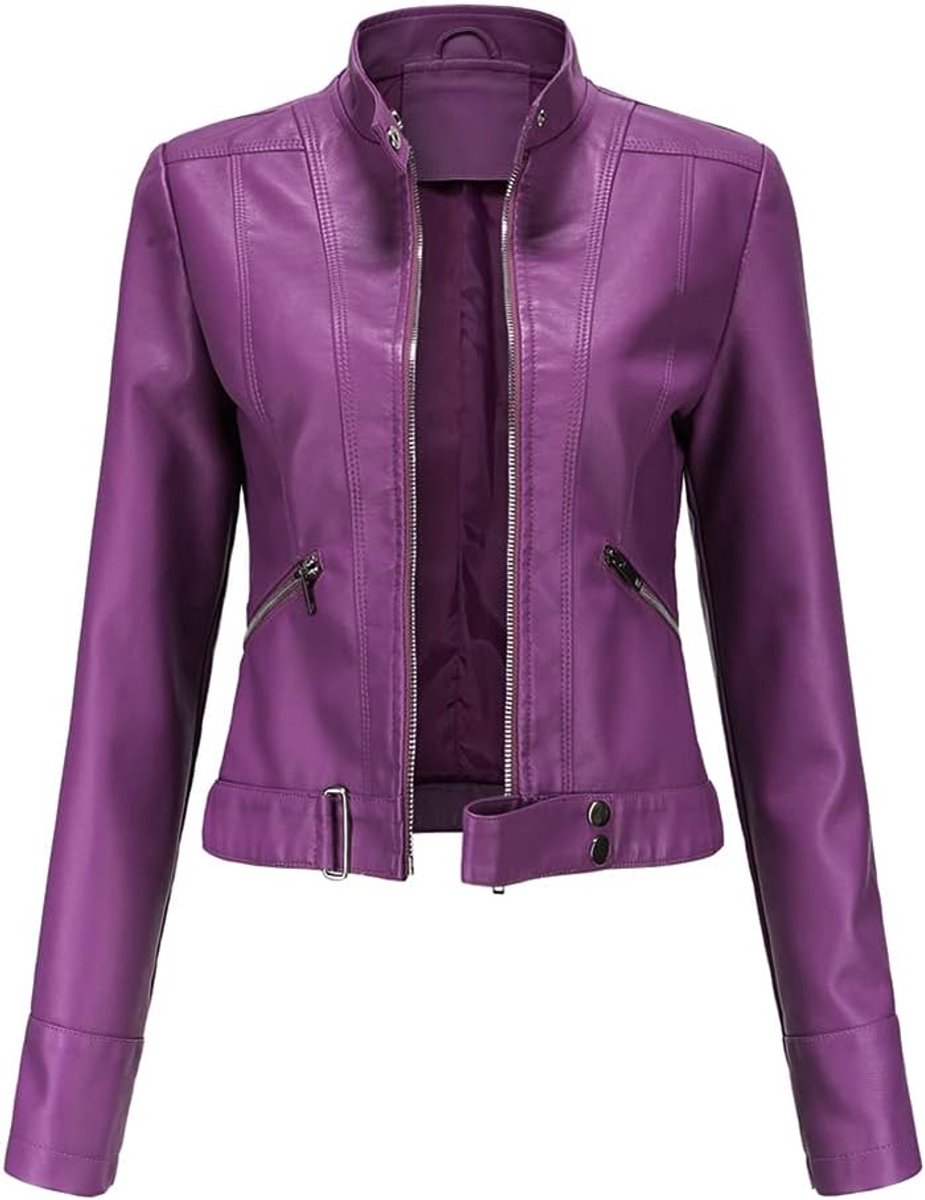 Stijlvolle jas van imitatieleer voor dames, met ritssluiting, korte PU-motorfietser, outwear getailleerde slanke jas