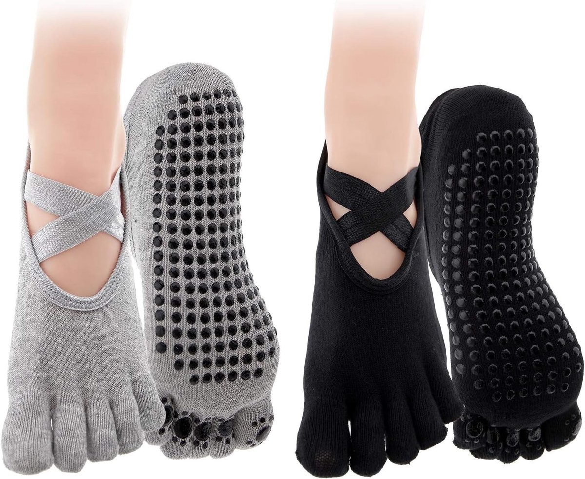 Sokken Set Vrouwen Volledige Teen Anti-Skid Pilates Workout Grijs Zwart