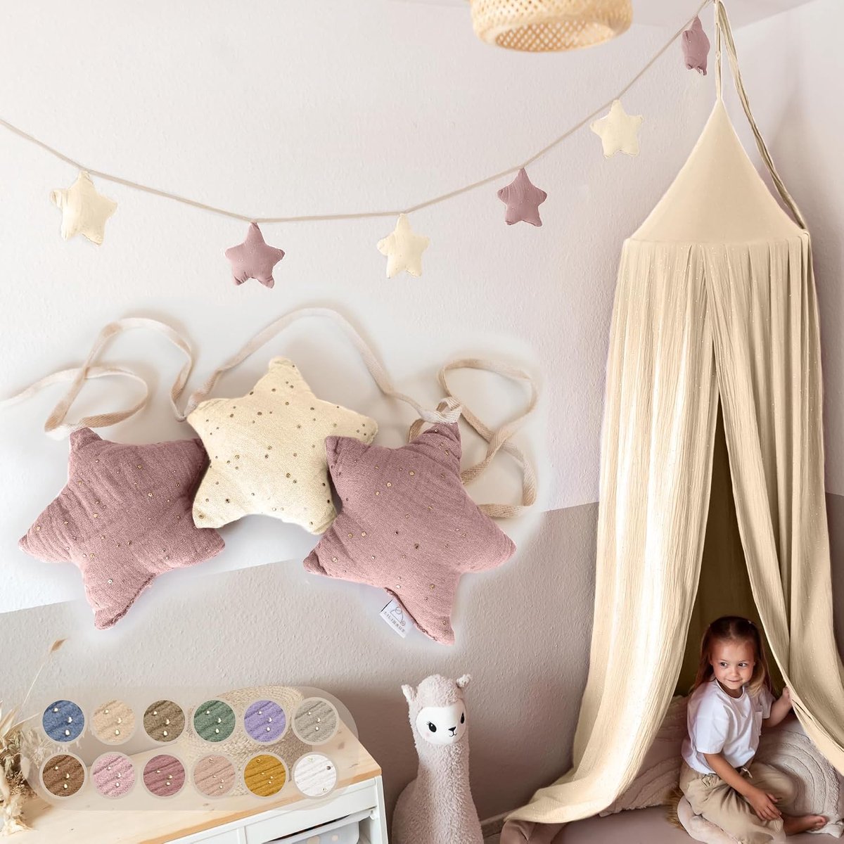 Sterren vlaggetjesslinger stof - met gouden applicatie in 12 kleuren - 100% katoen handgemaakt - mousseline vlaggetjesslinger voor kinderkamer - huisbed decoratie voor meisjes en jongens