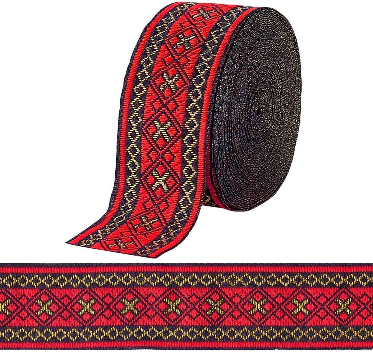 PandaHall 7 m jacquard lint geometrische geweven trim etnisch lint, 3,3 cm rood geborduurd lint jacquard vlecht trim voor naaien handgemaakte tas kleding decoratie geschenkverpakking