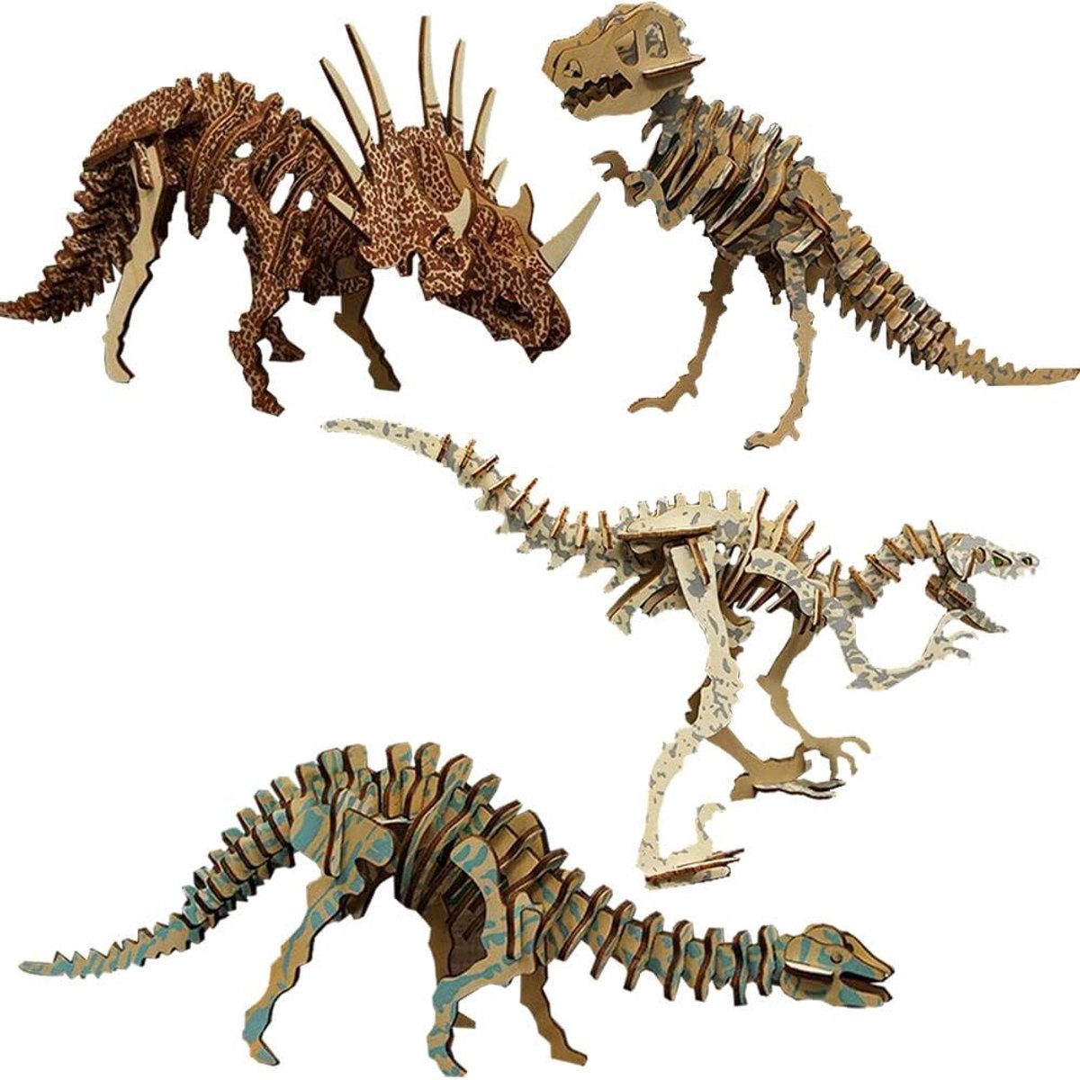 Set van 4 natuurhout, 3D-kinderpuzzel, dino, houten puzzel, dinosaurus Woodcraft Bouw Kits 3D Houten Puzzel Jigsaw Houten Model Voor Kids Toy