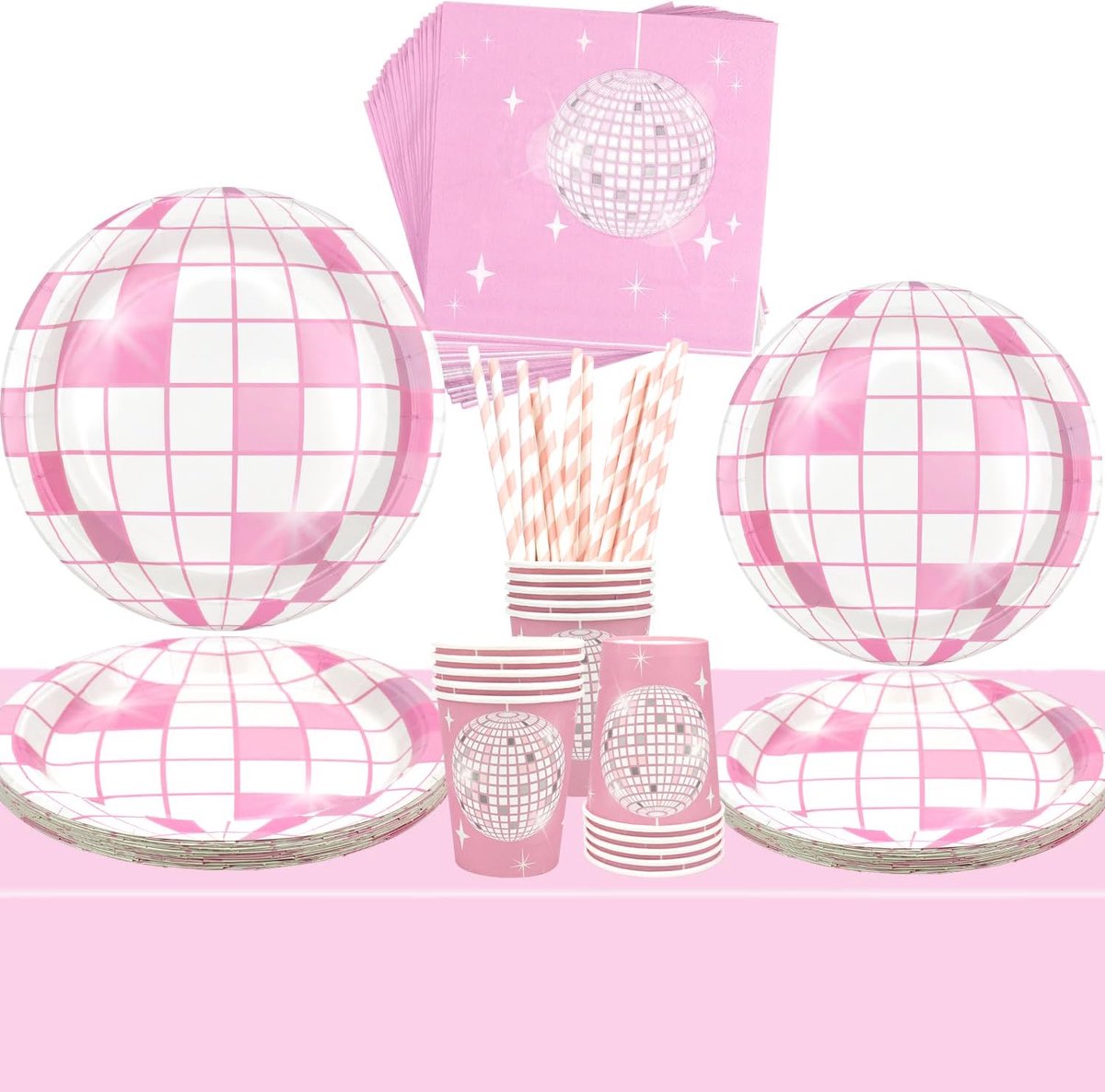 70s roze disco feestbenodigdheden, inclusief borden, servetten, kopjes, rietjes, tafelkleed, voor meisjes dames vrouwen babyshower, bruiloft, verjaardagsfeestje decoraties dienen 20