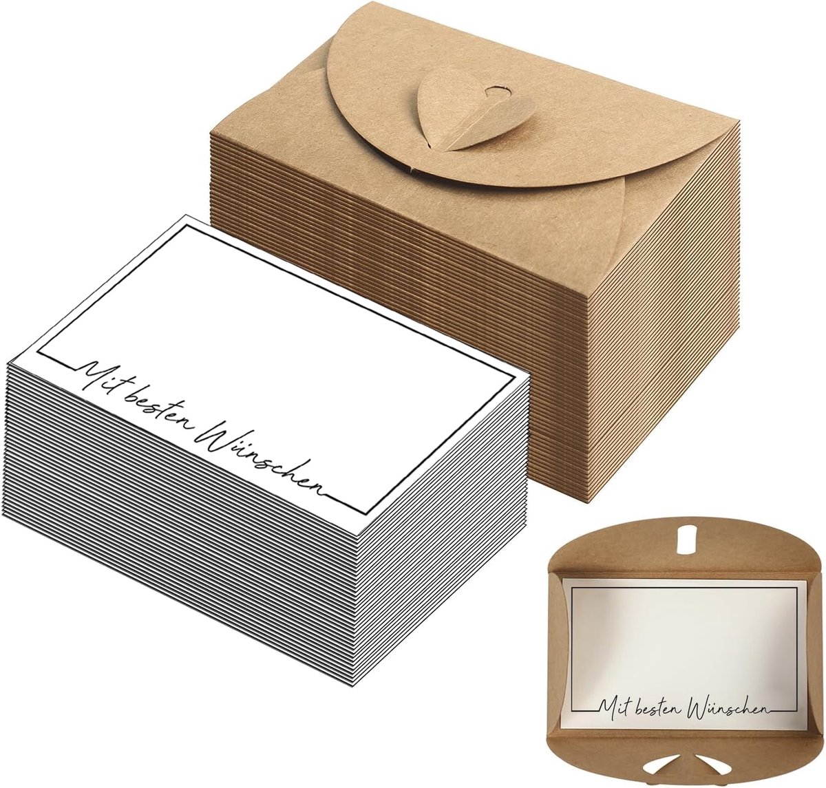 enveloppen met hartsluiting (set 50 enveloppen, 50 kaarten "met beste wensen") kraftpapier