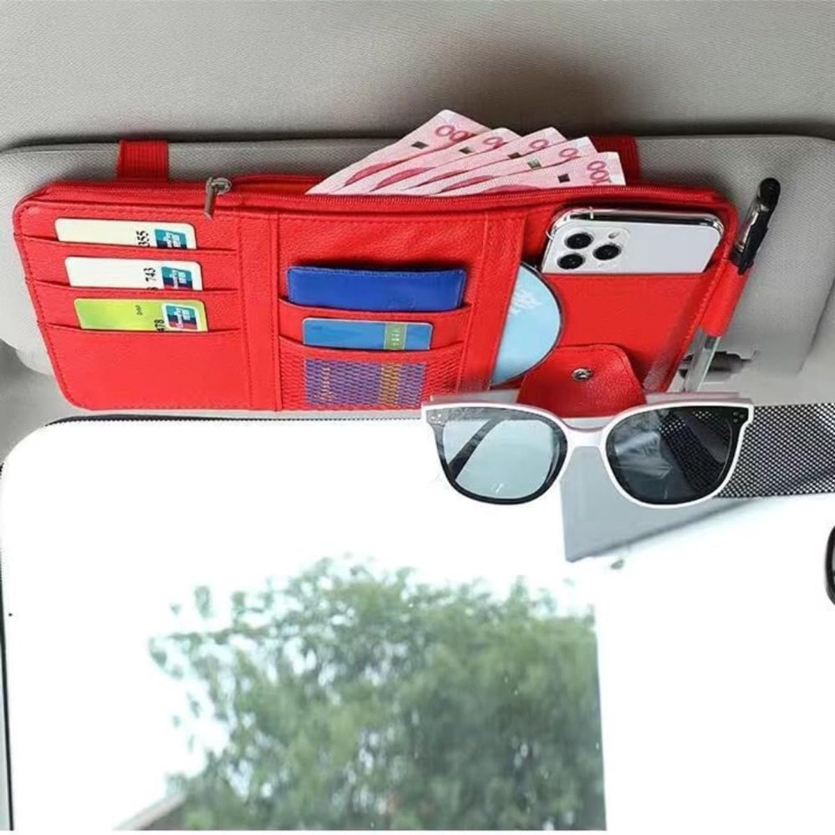Auto-zonneklep, organizer, PU-zonneklep, organizer voor auto, zonneklep, tas met meerdere vakken, auto-interieur, voor zonnebril, rijbewijs, kaarten, sleutels, pen, mobiele telefoon, rood