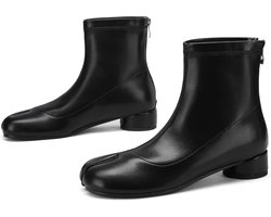 Toe Ankle Boots for Women Tabi Boots Japanese Ninja Shoes Low Chunky Heels Booties,Black Stretch Artificial Leather Boots Back Zipper