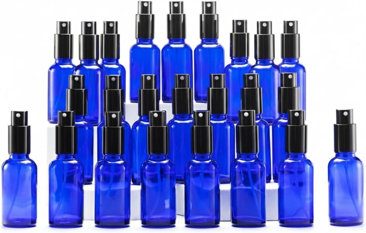 Blauw Glass Spray Bottle 30ml, met Kleine Fijne Nevelspray, Metalen Dop, Navulbaar voor Essentiële Olie, Reizen, Schoonmaken, Parfum, Aromatherapie, Make-up - 24 Stuks