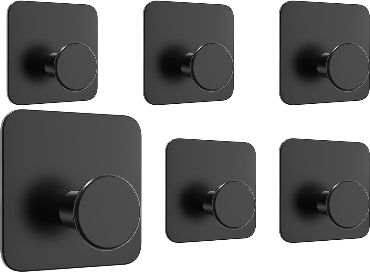 4smile Handdoekhaken zonder boren, set van 6, zwart, zelfklevende haken voor badkamer, keuken, kledingkast, roestvrijstalen doek- en badjashaken, waterbestendig, sterke hechting, duurzaam