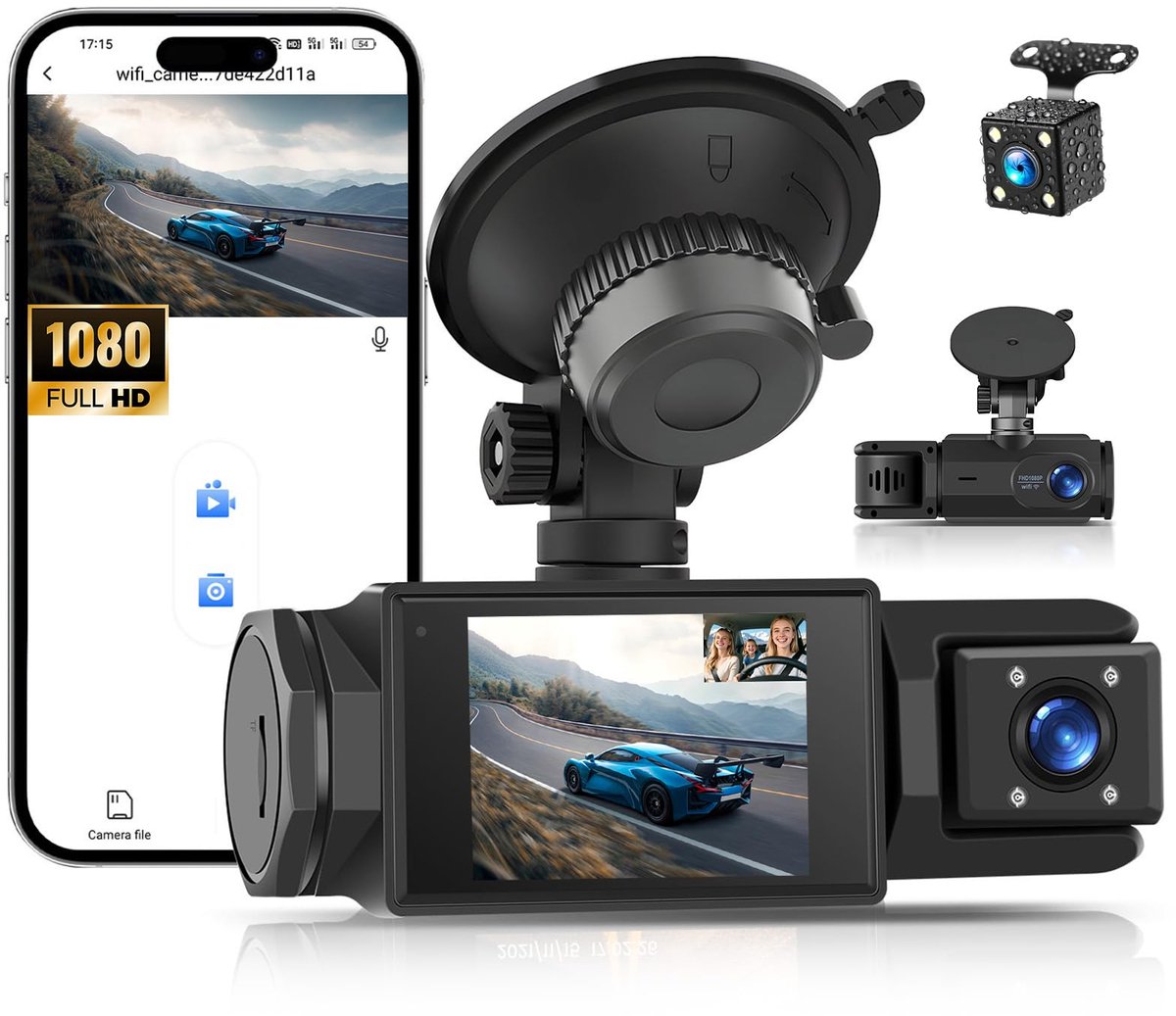 SnelShoppen - 3-kanaals 1080P dashcam met voor, achter en interieur camera, app-bediening, IR-nachtzicht en parkeerhulp voor optimale veiligheid