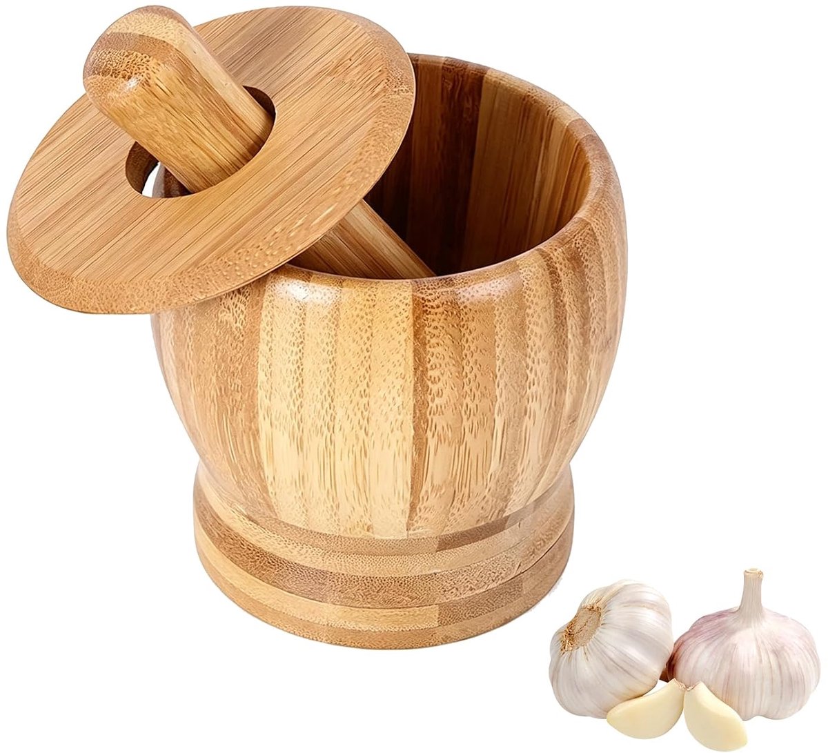 Vijzel- en stamperset, met stamper van bamboe, kruidenvijzel, kleine keukenvijzel, geschikt voor knoflook, chili, lngber, pinda's, walnoot, verschillende