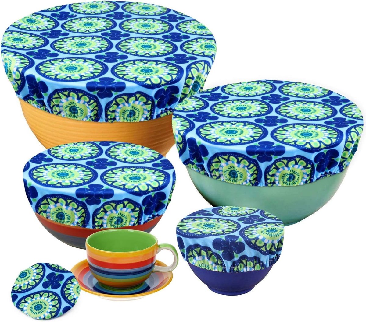 Herbruikbare milieuvriendelijke tapas voor voedselcontainers – 5 verstelbare linnen deksels voor bewuste opslag, bloemen A