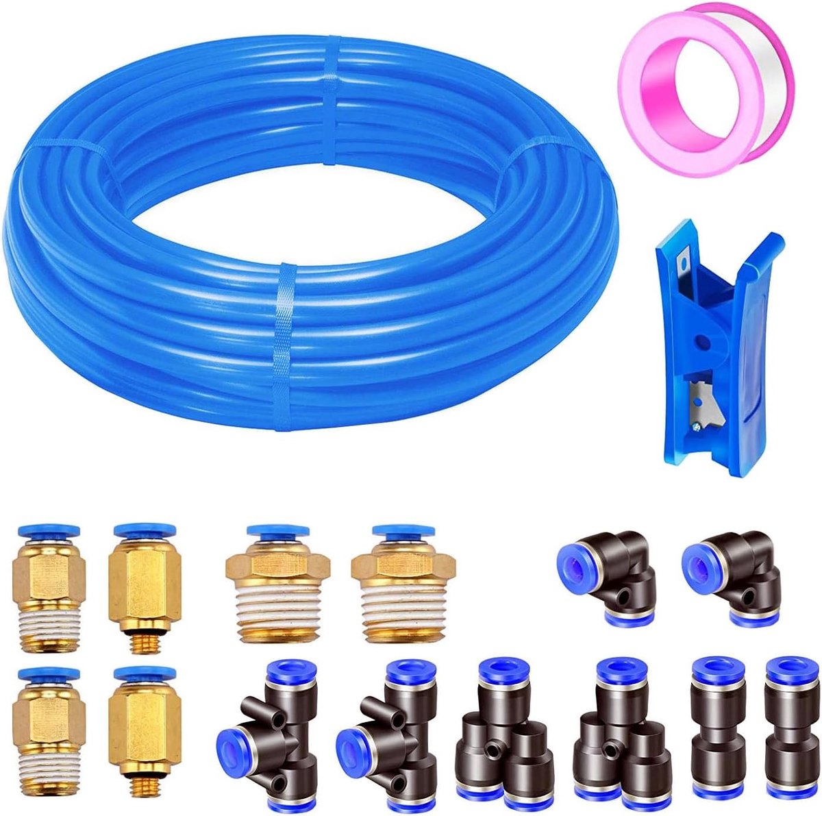 SnelShoppen - Pneumatische Slang 10 m Blauw, 8 mm OD, 5 mm ID, Polyurethaan Lucht Slang met 14 Pneumatische Aansluitstukken voor Persluchtapparatuur