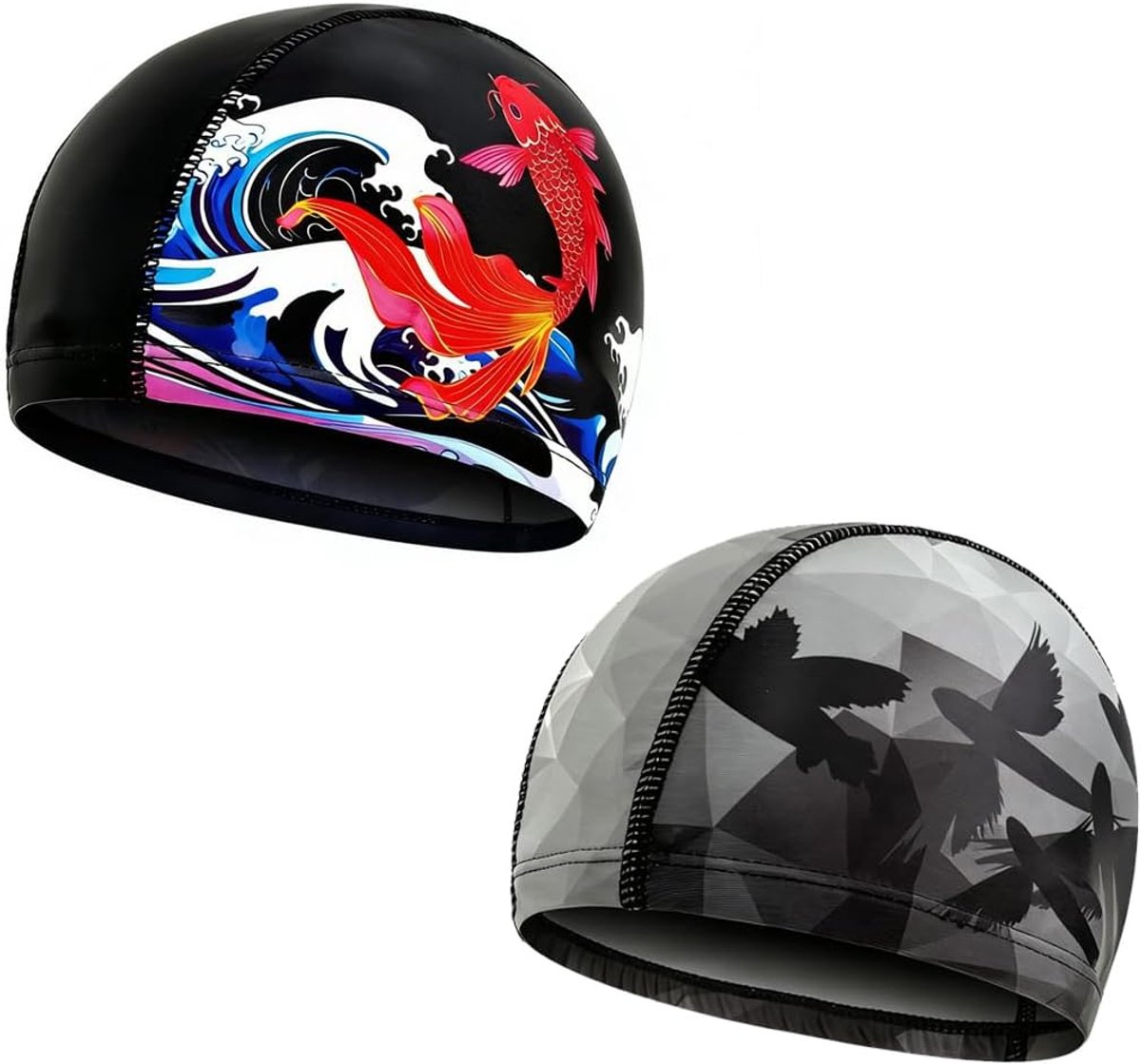 SnelShoppen - Set van 2 Zwemcaps voor Mannen en Vrouwen - Geometric Bird Patroon - Zachte Lycra - Comfortabel en Antislip - Voor Volwassenen en Tiener