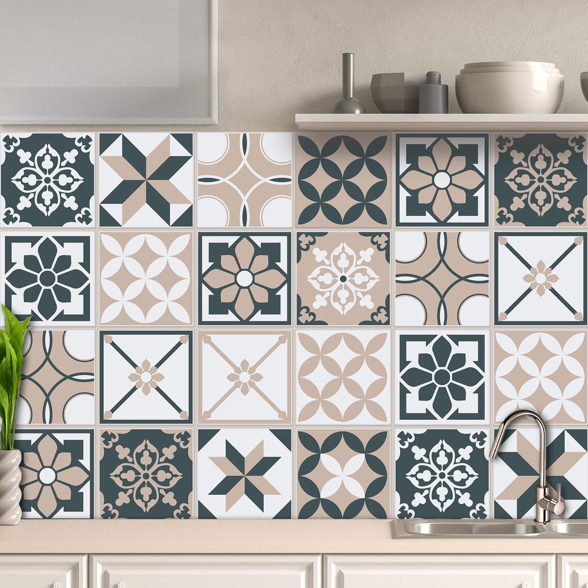 SnelShoppen - 32x Waterproof Peel and Stick Tegel Stickers voor Badkamer en Keuken, Zelfklevend, Vintage Design, 15x15cm, Makkelijk aan te Brengen