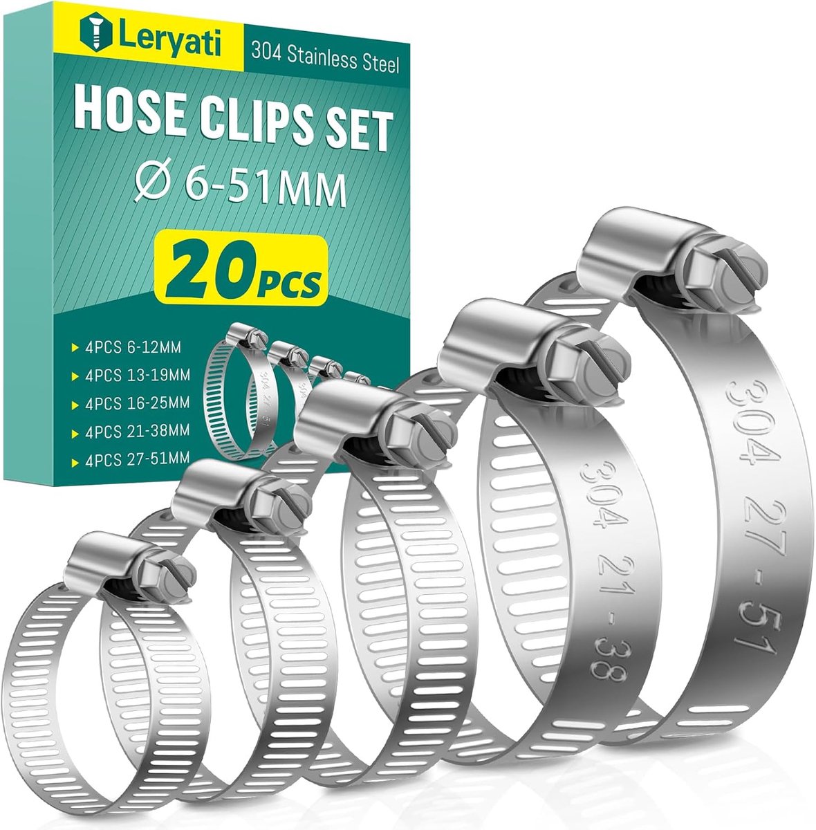 SnelShoppen - 20Pcs Slangklemmen Set - Verstelbare RVS Slangklemmen 6-51mm - 5 Maten - Voor Tuin, Keuken, Auto en Meer - Duurzaam en Flexibel