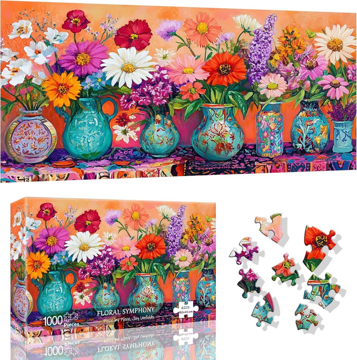 SnelShoppen - 1000-delige Puzzel voor Volwassenen en Kinderen - Kleurrijke Bloemen in Vazen - 80 x 41 cm - Ideaal voor Ontspanning, Gezinsactiviteiten