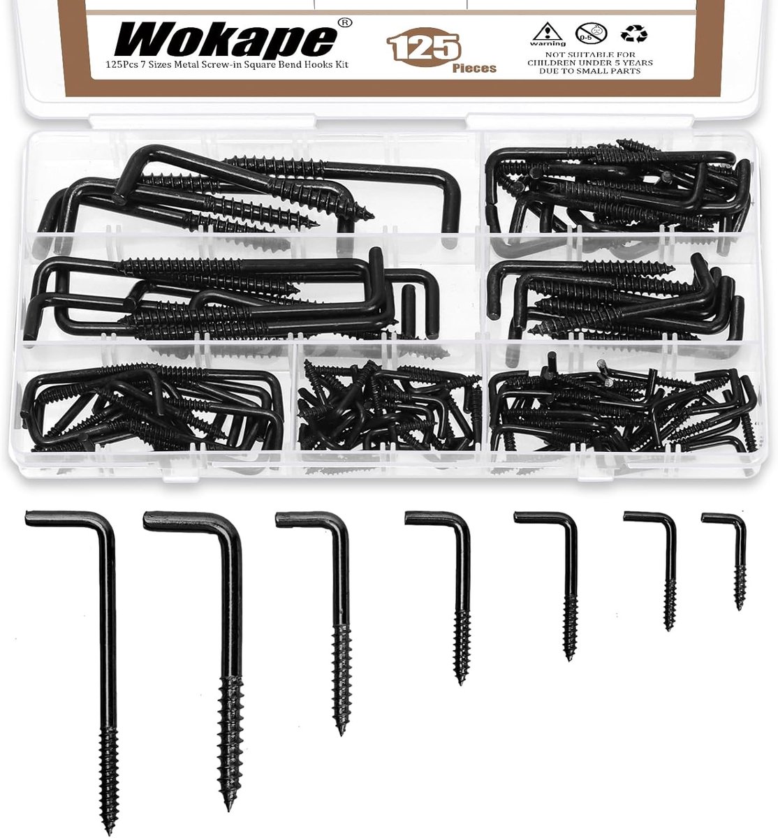 SnelShoppen - 125pcs L Vorm Schroef Haak Set, 7 Maten M2.4 M2.5 M2.8 M3.4 M3.7 M3.8 M4.7 Zelftappende Haakjes, Zwart, Ideaal voor Thuis, Kantoor, Werk