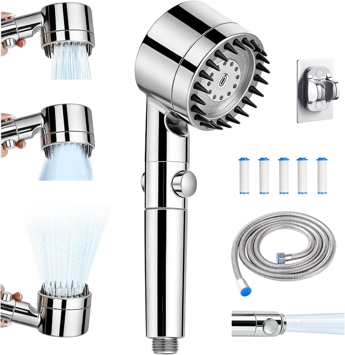 SnelShoppen - Handdouche met Filter, Hoge Druk Douchekop met 2 m Slang, Waterbesparend, 4 Waterjets, Ideaal voor Hard Water, Verwijdert Bacteriën en Z