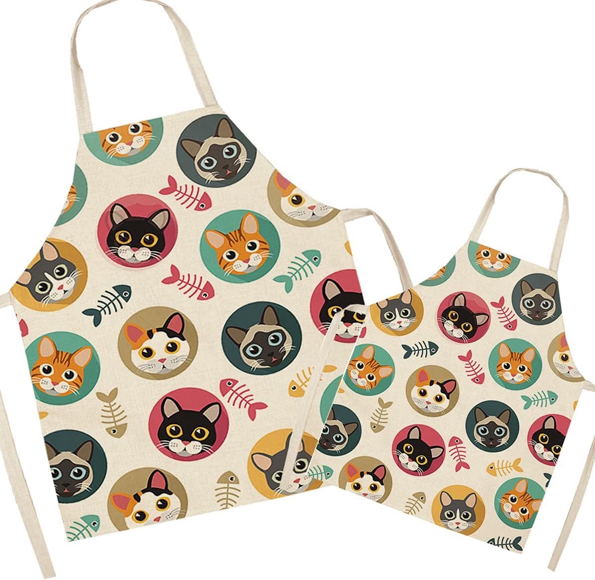 SnelShoppen - Leuke Kattenpatroon Keuken Schort Set voor Volwassenen en Kinderen - Ademende Linnen Schorten voor Koken, Bakken, Schilderen, Feesten -