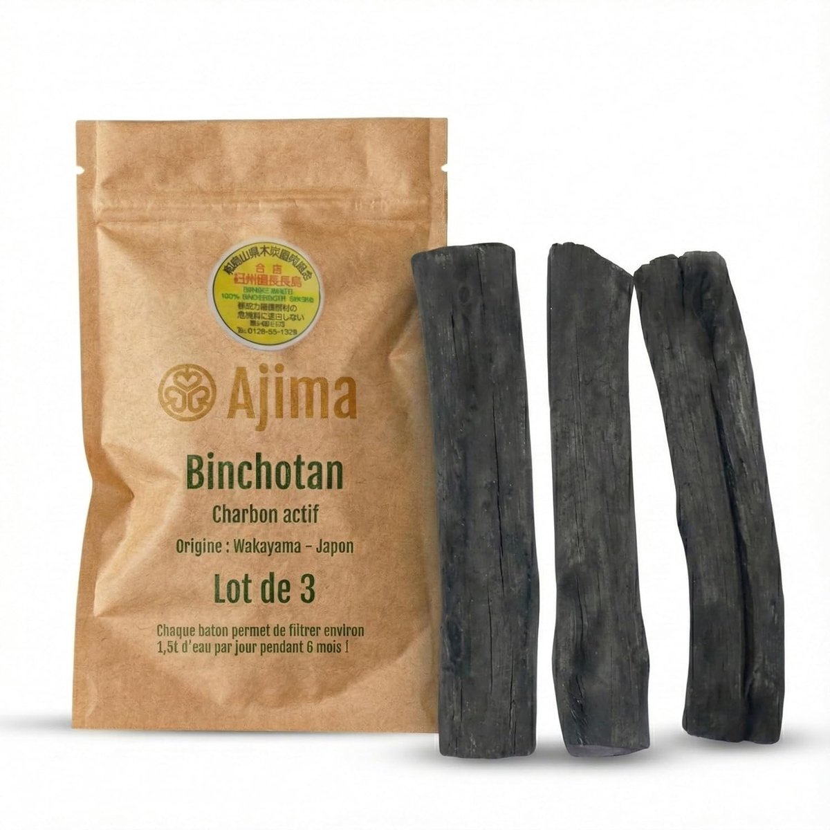 SnelShoppen - Binchotan Geactiveerde Kool Waterfilter Sticks Pack van 3 - 1.5L Kishu Houtskool voor Gezond Water, Ideaal voor Keuken en Camping
