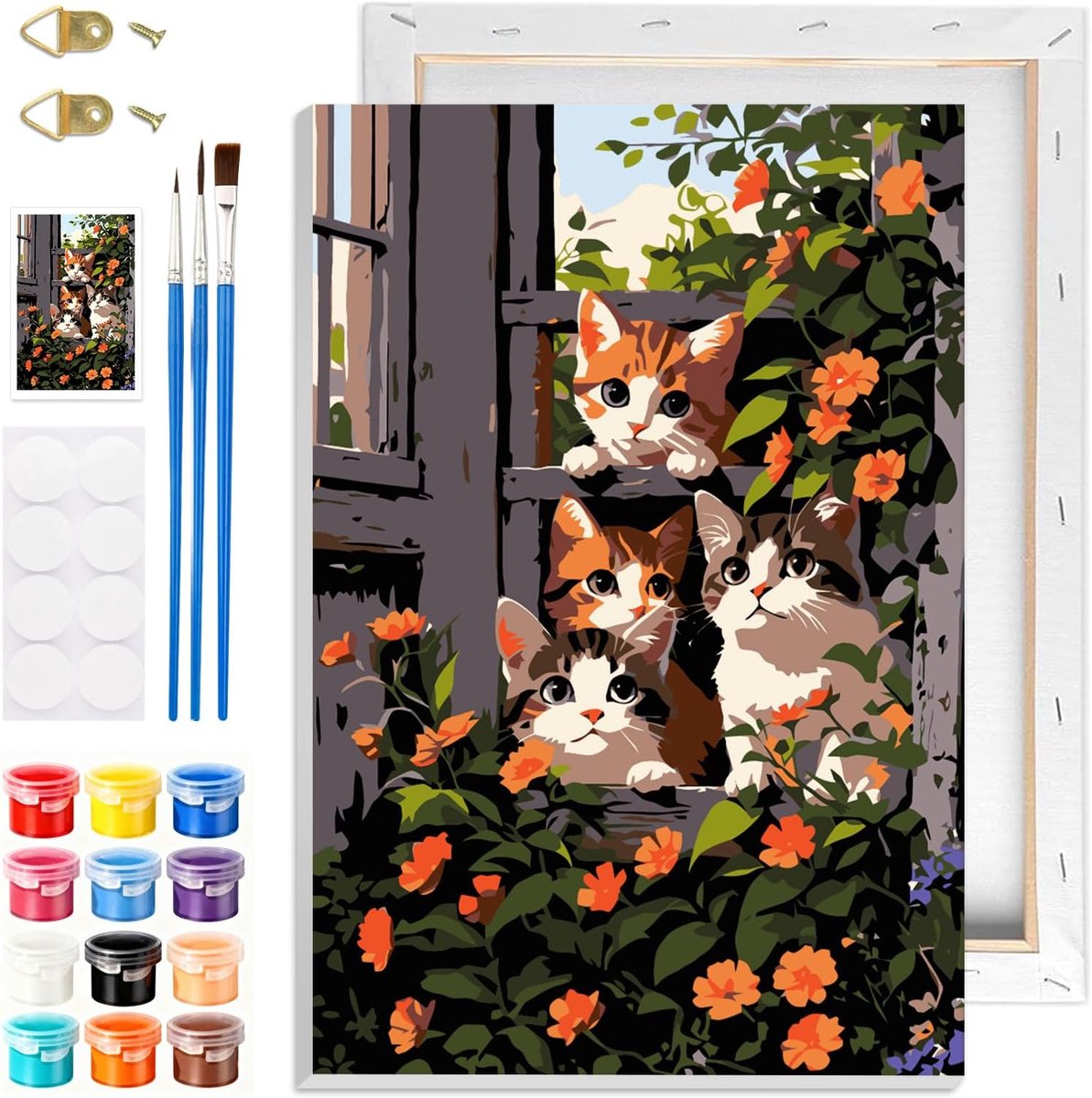 SnelShoppen - Paint by Numbers Kit voor Volwassenen en Kinderen - DIY Schilderen met Katten en Bloemen - Inclusief Houten Lijst - Creatieve Hobby en W
