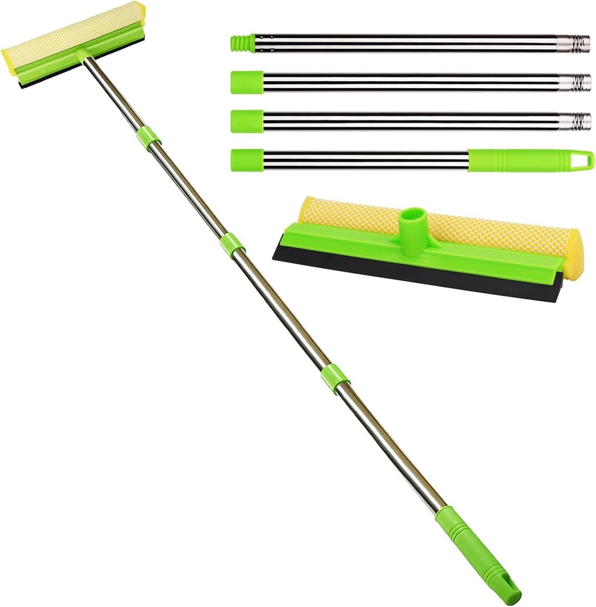 2-in-1 Ruitenreiniger met Trekkertje en Spons, Uitbreidbare Glasreiniger met 4 Verlengstangen voor Auto en Douche, Ideaal voor Ramen en Spiegels
