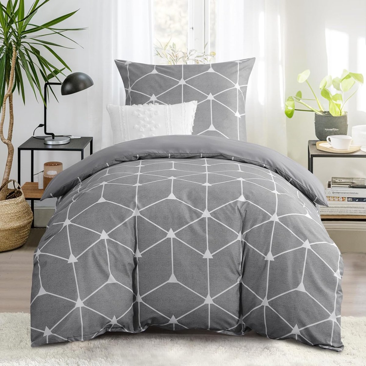 SnelShoppen - Dekbedovertrek 155 x 220 cm, 2-delig Lichtgrijs Met Geometrisch Patroon, Microvezel Bedlinnen Set Met Rits, Zacht en Kreukvrij