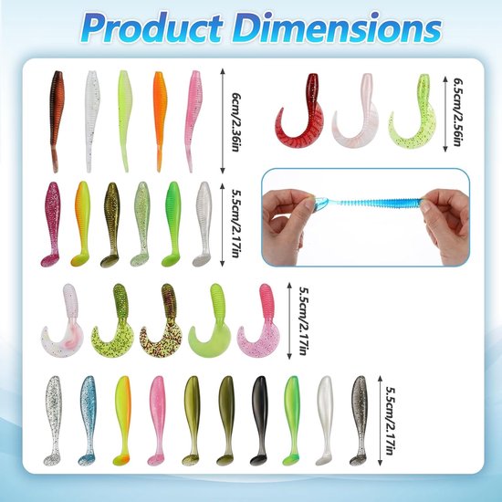 SnelShoppen - 60 Rubberen Vis Aas Set, Swimbaits voor Forel, Snoek, Baars en Snoekbaars, Hoogwaardig Kunststof, Peddelstaart, Diverse Kleuren, 6-7,5 c — afbeelding 3
