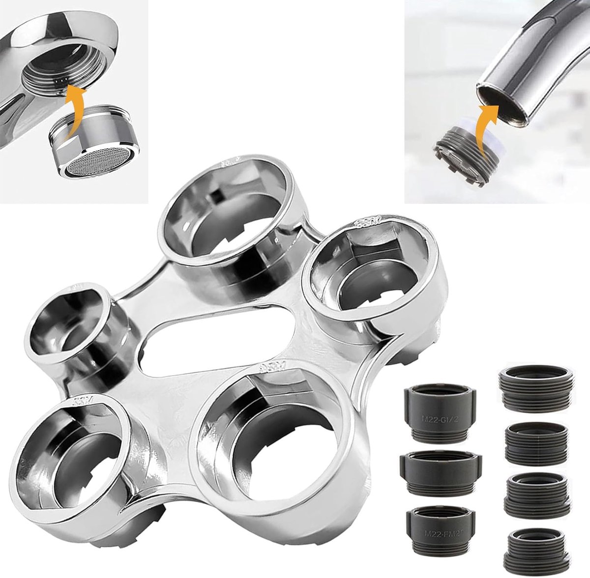 SnelShoppen - 10 in 1 Aerator Wrench voor Kraan met 7 Adapters, Universele Verwijderingssleutel voor Filtervervanging in Badkamer en Keuken - Duurzaam
