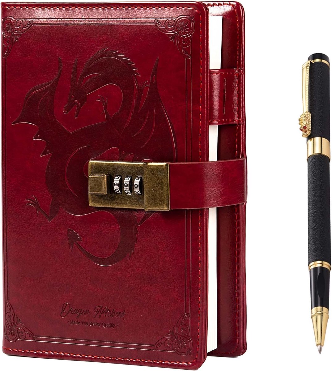 SnelShoppen - Dragon Leder Notitieboek met Pen, Dagboek met Combinatieslot, Lijn/Leeg Papier Notitieboek B6, Schrijfwaren voor Creatieven, Wijnkleur