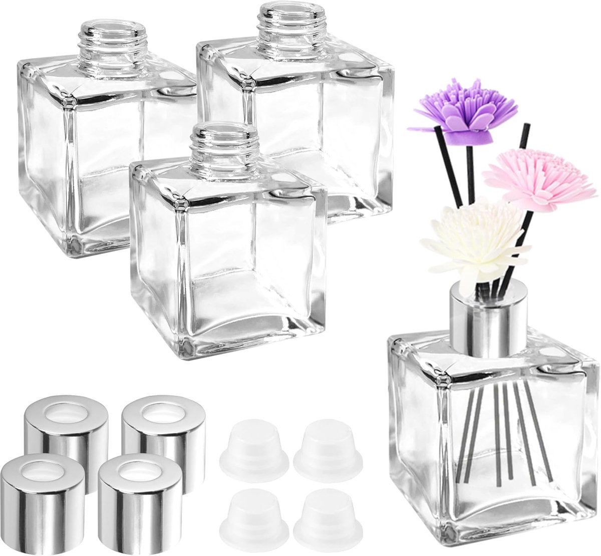 SnelShoppen - Set van 4 Elegante Vierkante Glazen Diffuser Flessen met Houten Deksel - Essentiële Olie en Geurstokjes - Herbruikbaar voor Thuis, Spa e