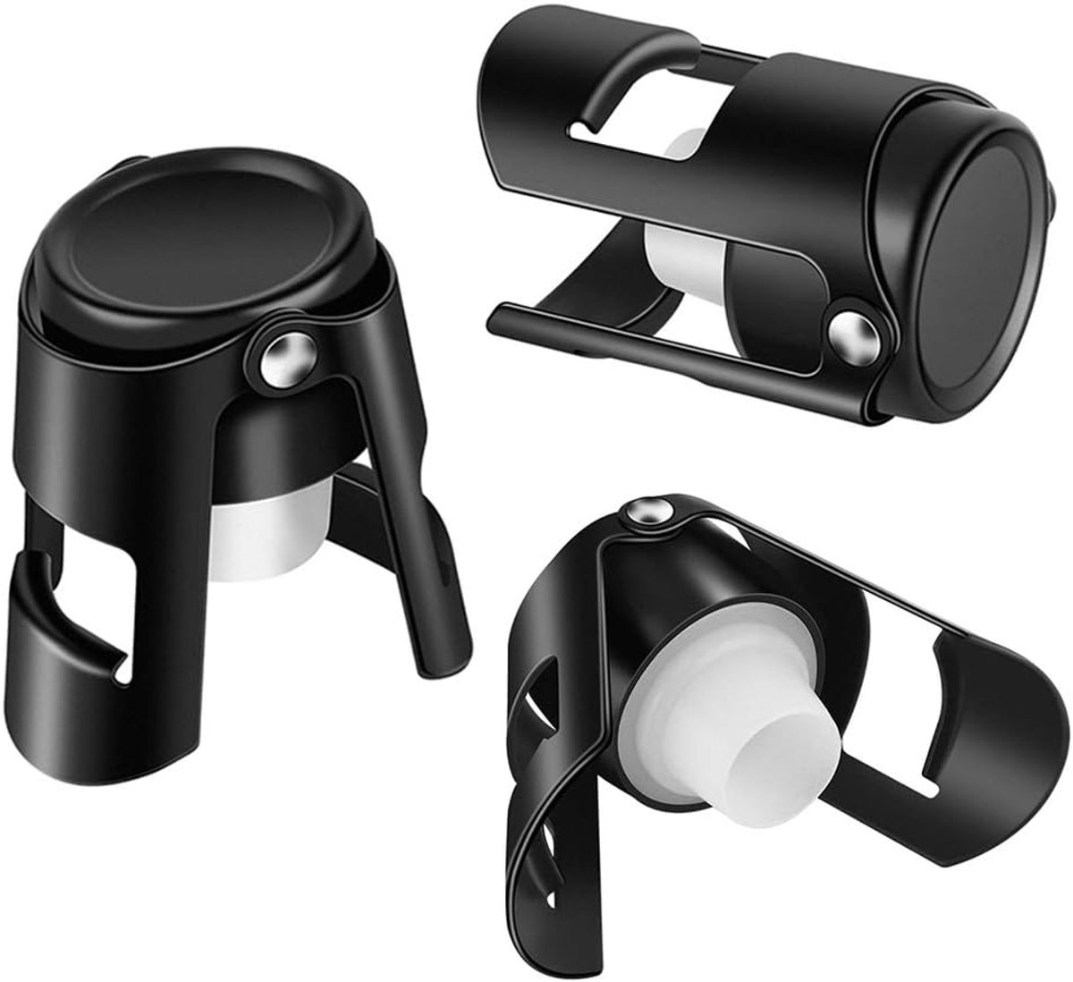 SnelShoppen - Champagne Stopper Set - RVS Champagne Flesdeksel, Vacuüm Verzegeling voor Wijnflessen, Prosecco Sluiting (3 Stuks Matte Zwart)