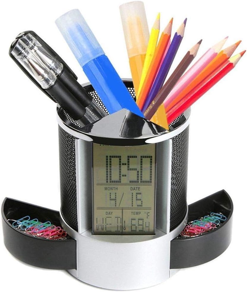 SnelShoppen - Pencil Holders Pen Cup Desk Tidy Organizer met LED, Timer, Kalender, Thermometer, Zwart Fabric, Multifunctioneel Kantooraccessoires