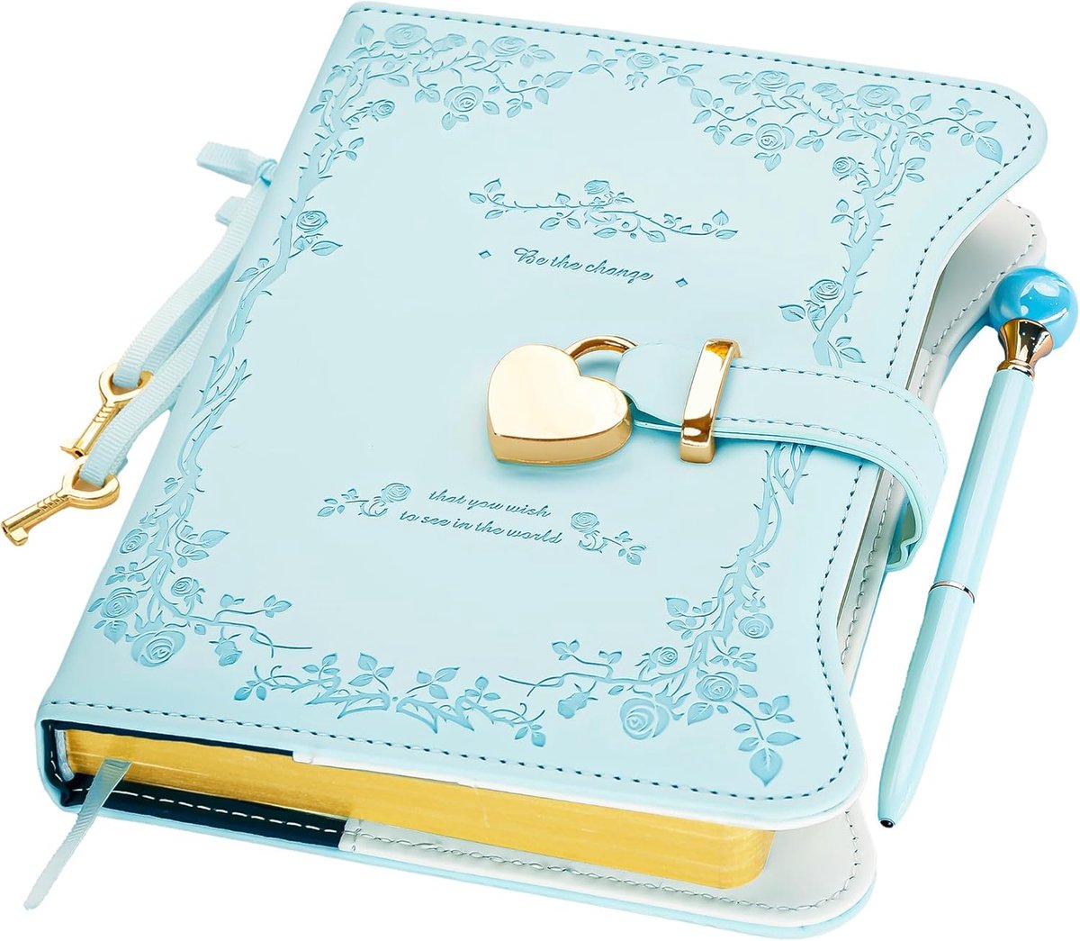 SnelShoppen - Dagboek met Slot voor Meisjes - 360 Gouden Snijpagina's Navulbaar B6 Formaat - Inclusief Pen en Boekenlegger - Lichtblauw