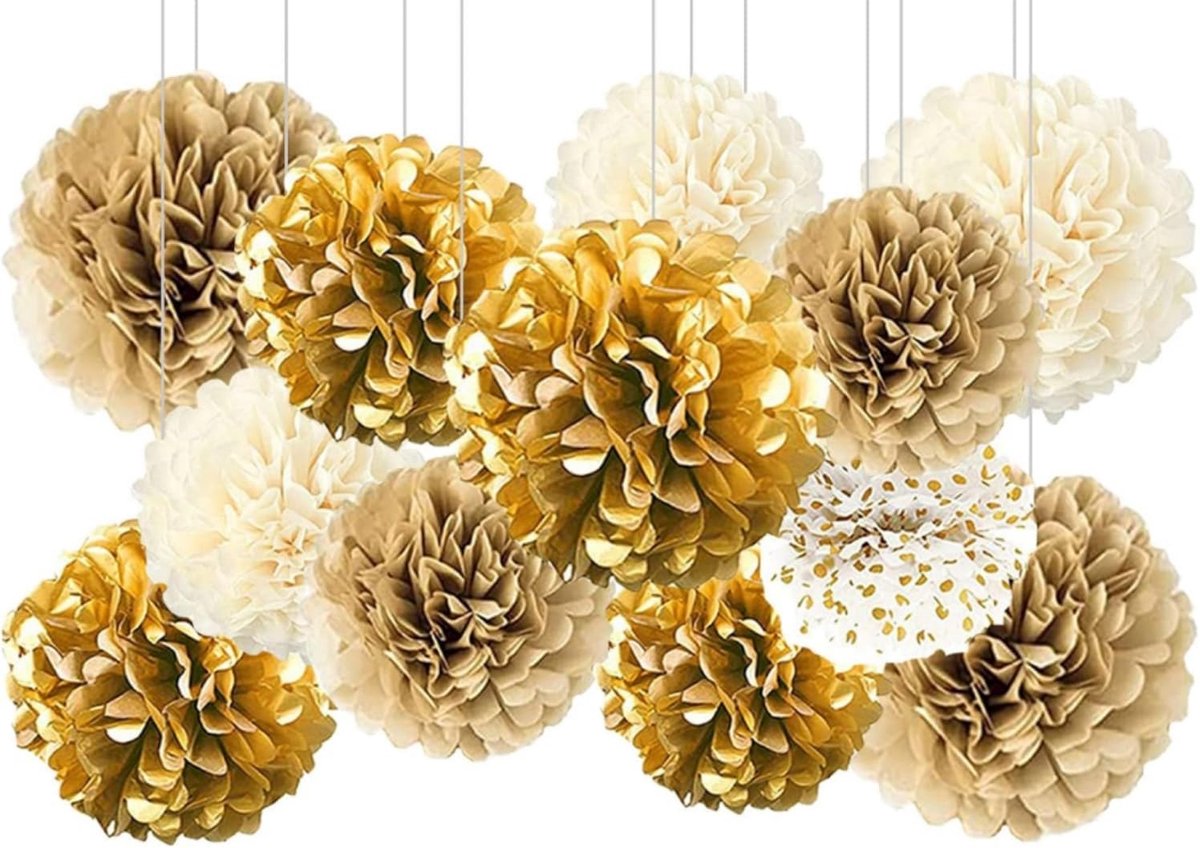 SnelShoppen - Pack van 12 Pompoms in Goud, 4 Kleuren, Luxe Zijdepapier Bloemen, Decoratie voor Feesten, Bruiloften en Jubilea, 3 Maten, Wanddecoratie