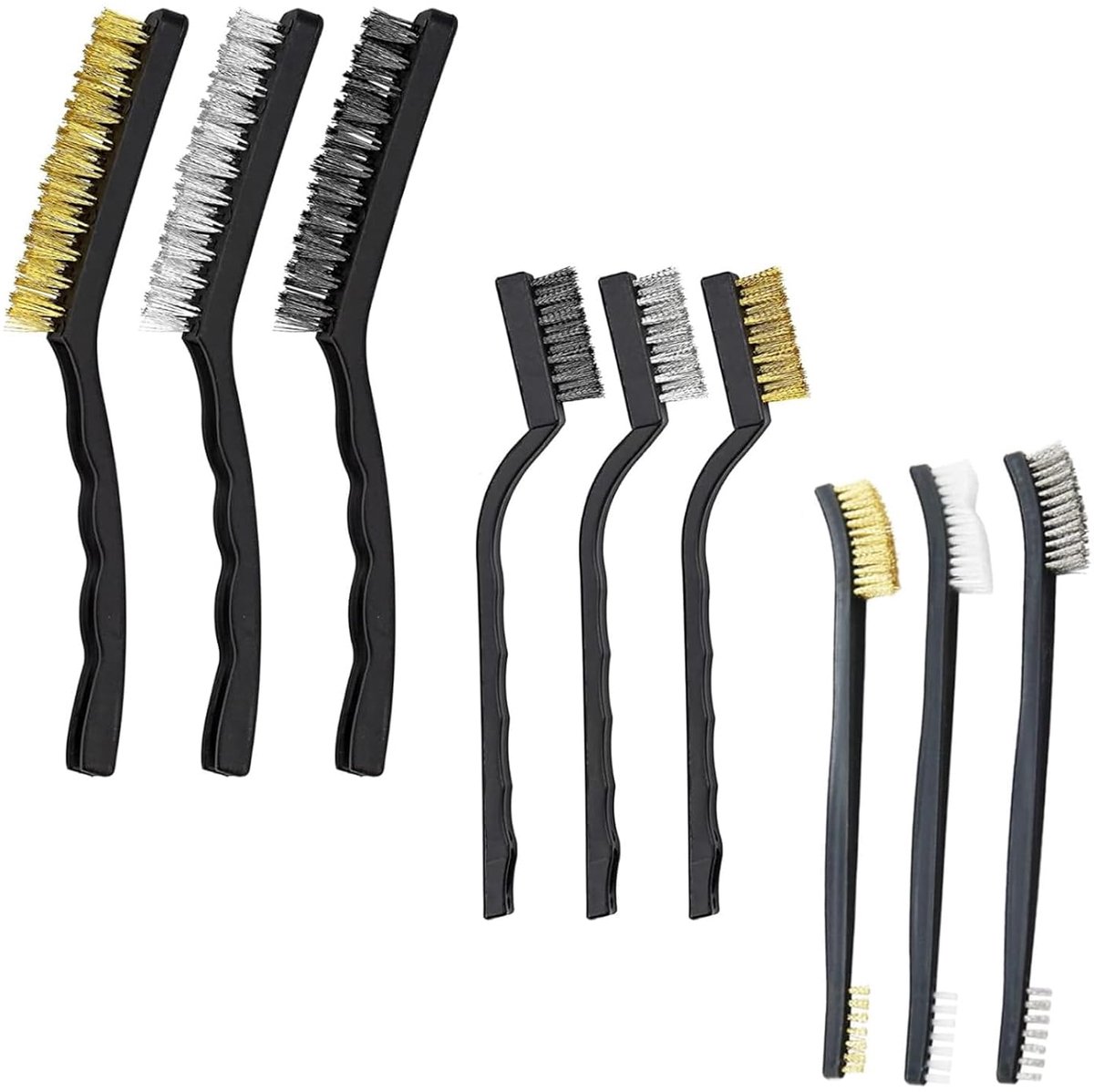 SnelShoppen - 9-delige Mini Draadborstel Set - RVS, Messing & Nylon - Voor Schoonmaken van Verf, Vuil, Roest - Ideaal voor Hobby's, Tuin en Keuken