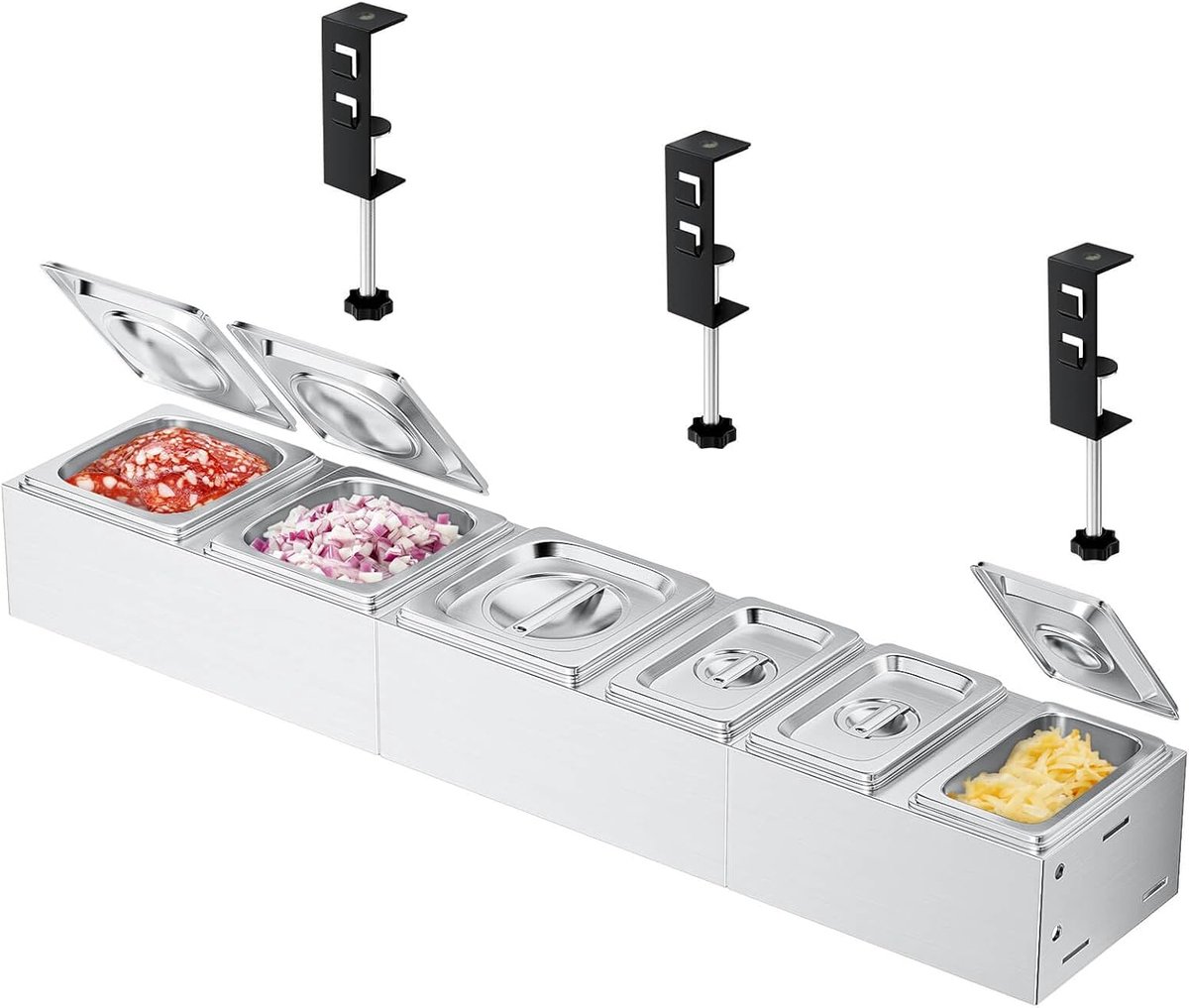 SnelShoppen - Pizza Topping Station RVS, Multicompartment Pizza Ingrediënten Container, Rectangular 39cm, Set van 6, Ideaal voor BBQ, Keuken en Feest
