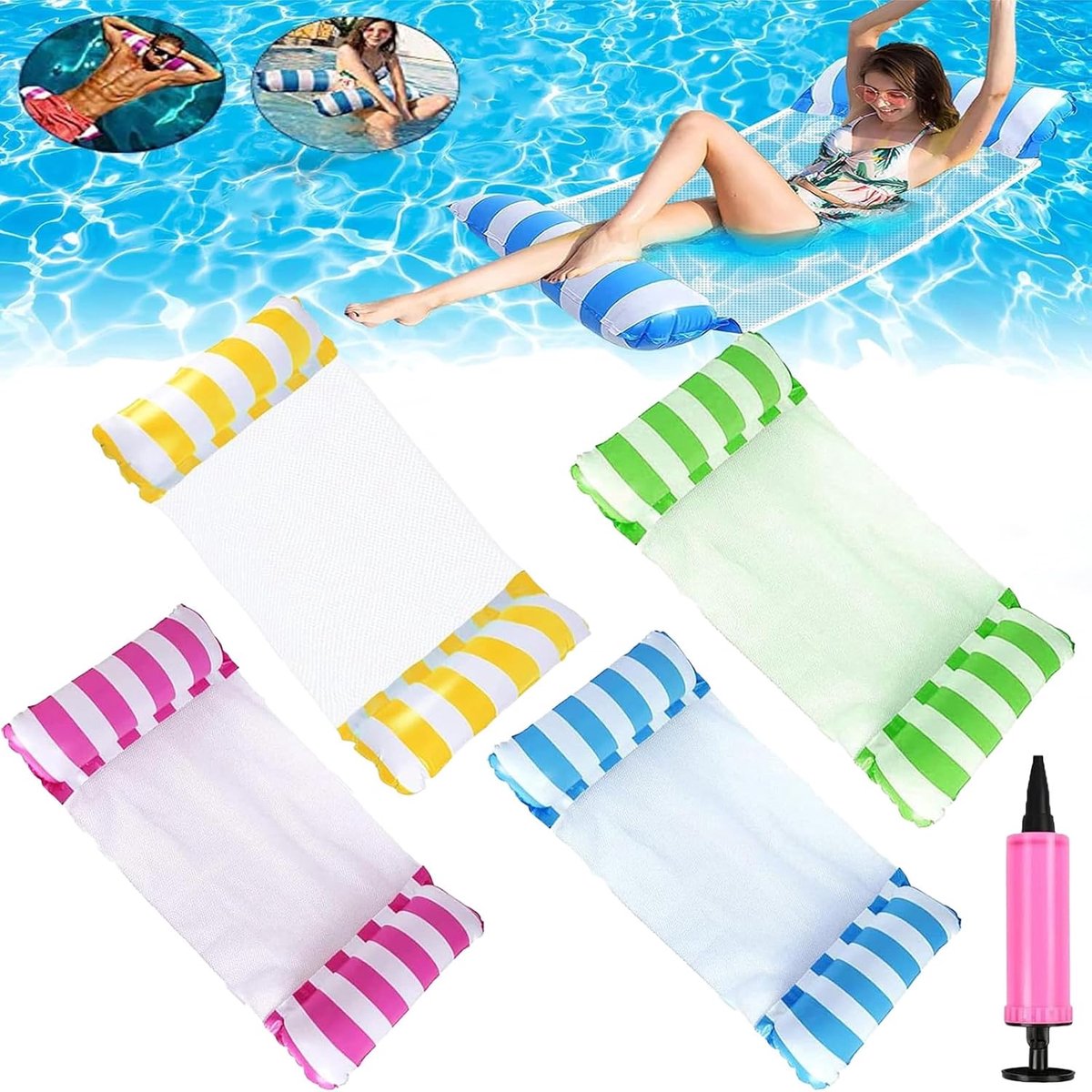 Thijox - Waterhangmat 2 Stuks Opblaasbaar Zwembadbed voor Volwassenen, Ergonomisch Ontwerp, Hoogwaardig PVC, Inclusief Luchtpomp, Ideaal voor Strandfe