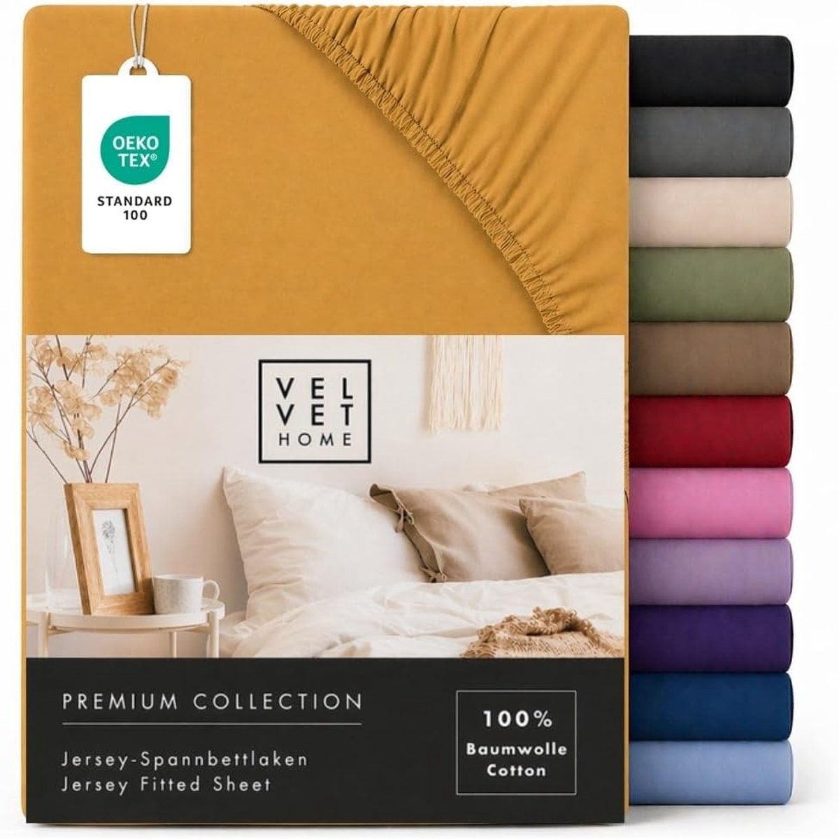 SnelShoppen - Jersey Fitted Sheet 180x200cm - 100% Kammen Katoen - Mustard Geel - Geschikt voor Matrassen tot 25cm Hoog - Ademend, Elastaan, OEKO-TEX