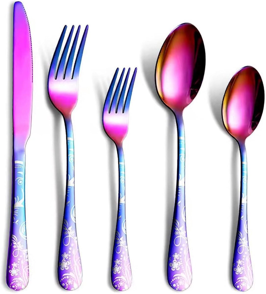 SnelShoppen - RVS Bestekset voor 4 Personen, 20-delige Set met Messen, Vorken, Lepels, Spiegeldesign, Afwasmachinebestendig, Camping Bestek (Regenboog