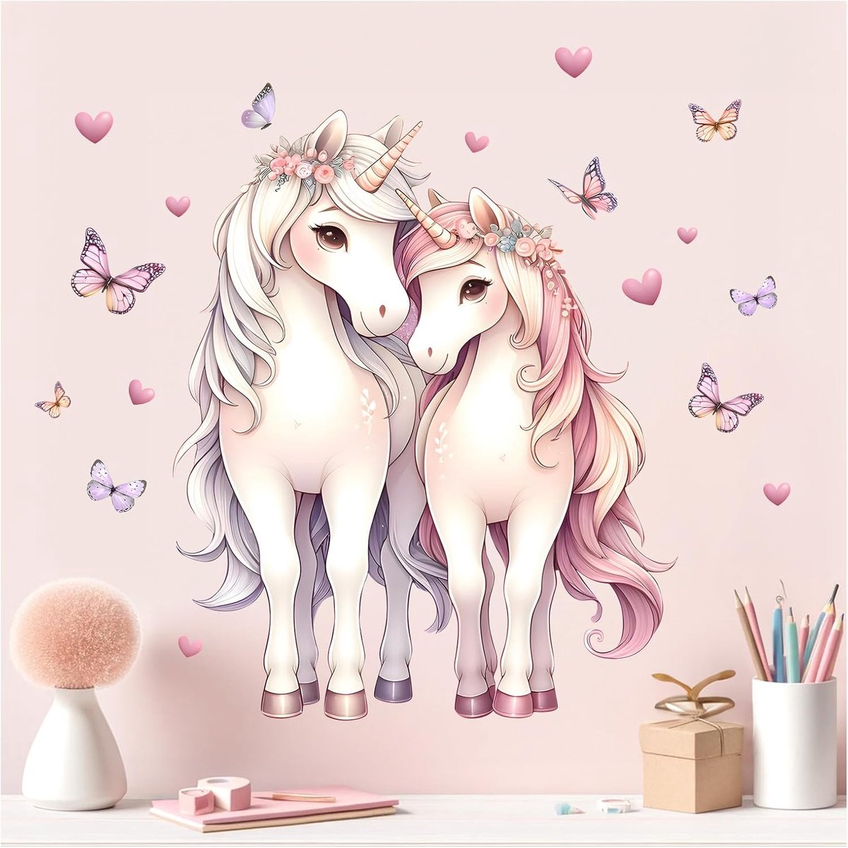 SnelShoppen - XXL Wandsticker Paarden Kinderkamer Zelfklevend Roze Wanddecoratie 70x59 cm - Perfect voor Baby- en Kinderkamers