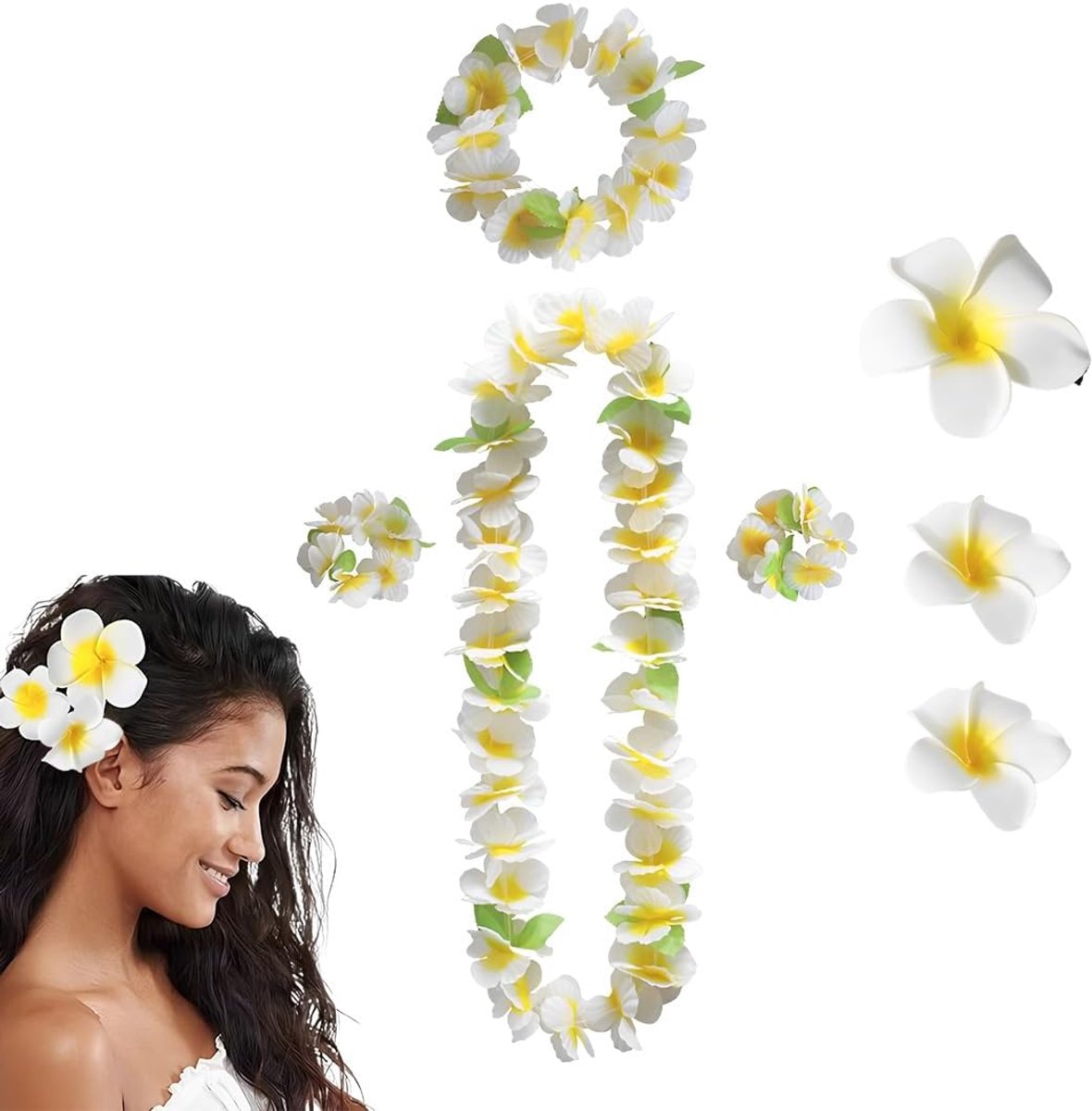 SnelShoppen - Hawaii Flower Necklace met Chain Headband en Flower Wreath voor Hawaii Beach Party - 7 Delige Set met Witte Bloemen voor Feest, Bruiloft