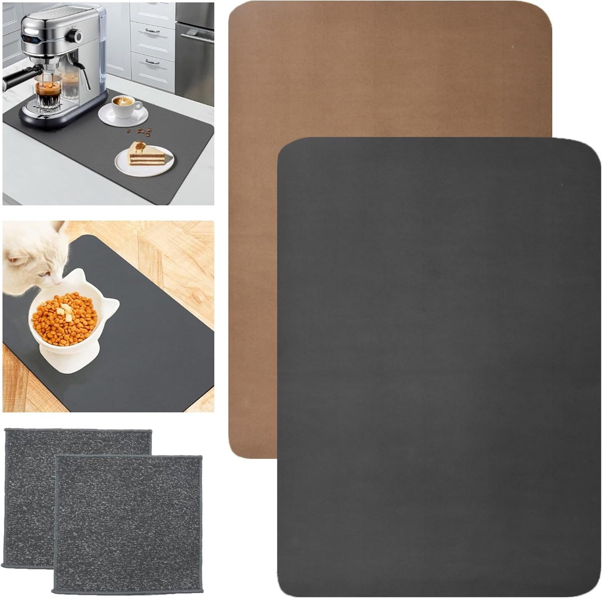 Thijox - Afdruipmat 2 Stuks 40 x 30 cm - Sneldrogende Kiezelgoer Onderlegger met Antislip Rubber, Bruin + Grijs voor Keuken en Gootsteen