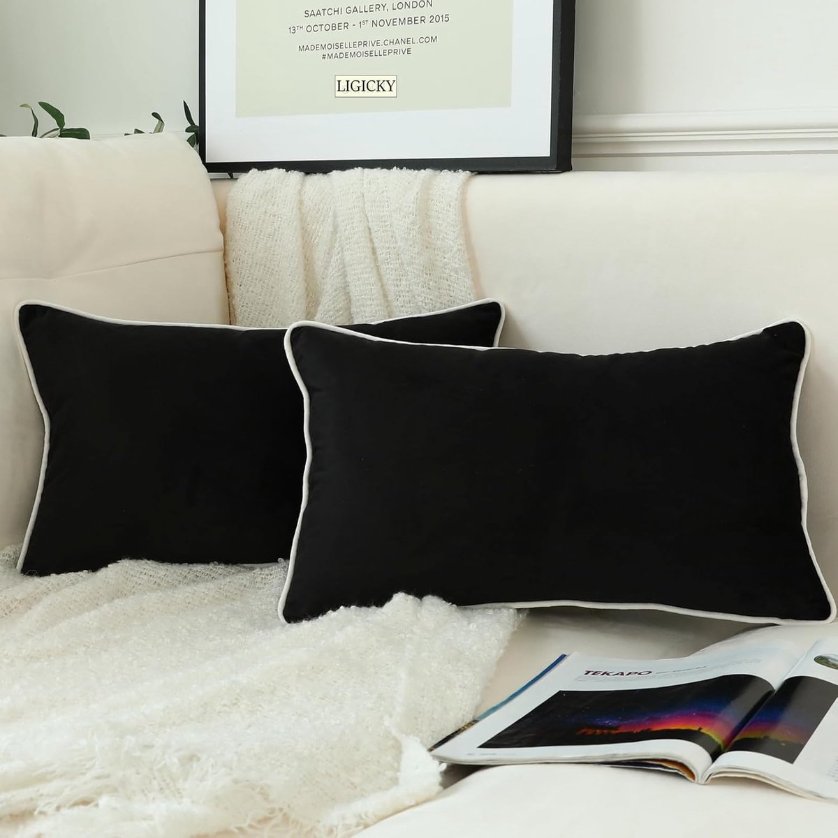 SnelShoppen - Set van 2 Luxe Decoratieve Kussenslopen, Zachte Velvet Kussens, Rechthoekige Lumbar Kussens voor Woonkamer, Slaapkamer, Auto, Zwart, 30