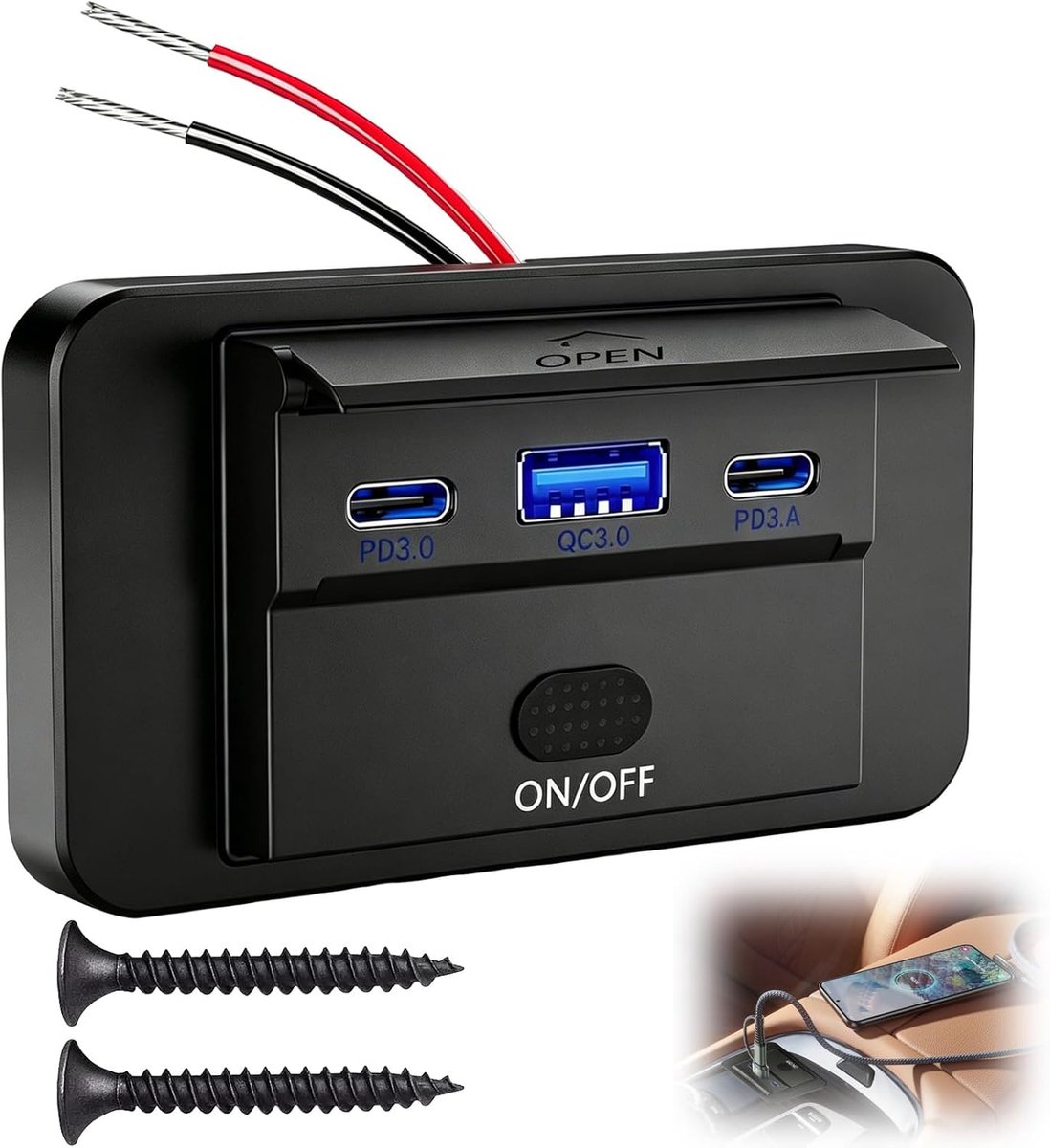 SnelShoppen - USB-stopcontact 90 W Inbouw 12 V Autolader Dubbele USB C 36 W QC3.0 18 W Met Schakelaar Voor Camping Auto Motorfiets Boot Vrachtwagen