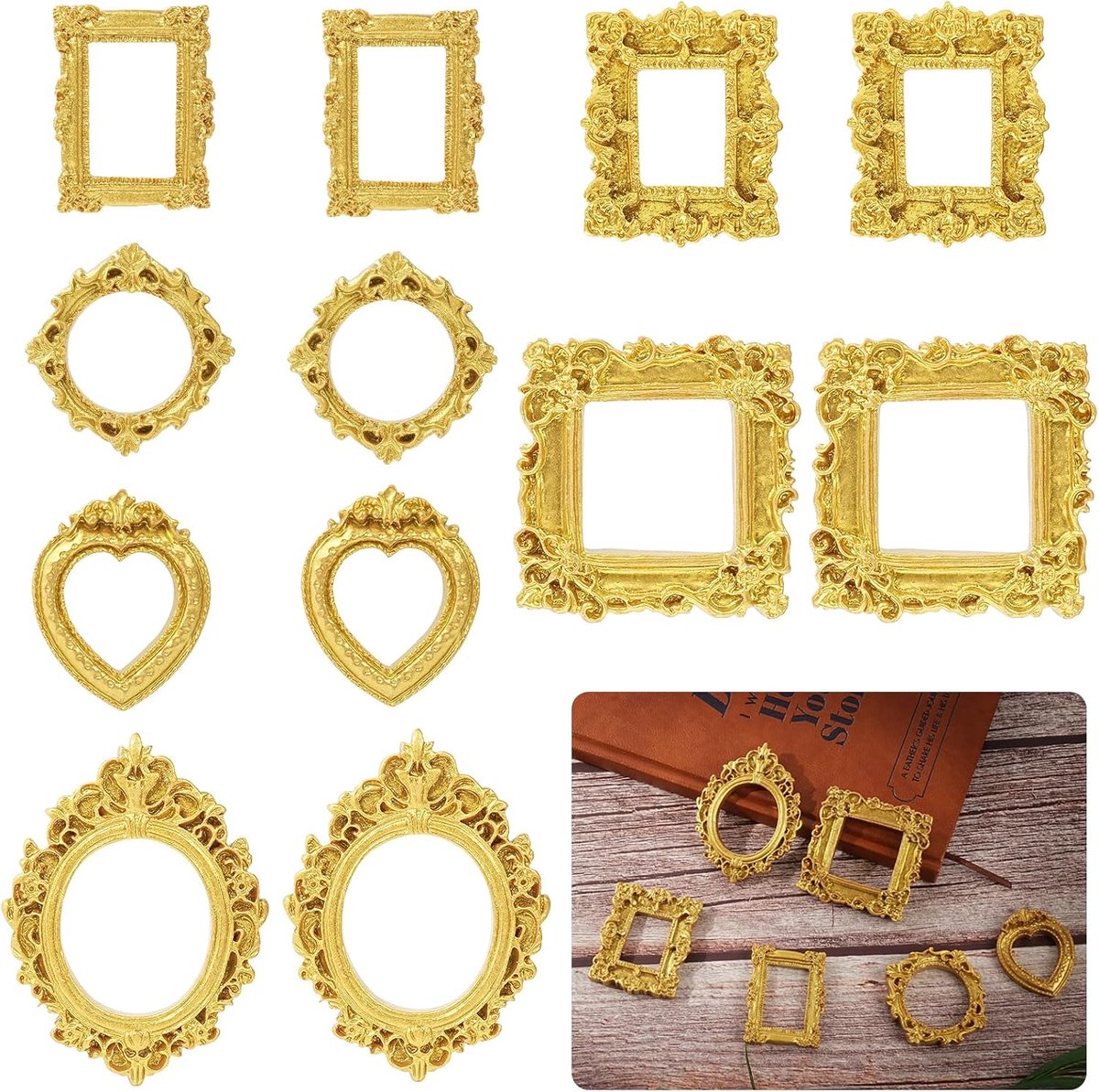 SnelShoppen - 12 Stuks Mini Gouden Fotolijsten - Vintage Barok Ovalen en Rechthoekige Resin Fotolijsten - DIY Decoratie voor Muur, Sieraden Fotografie