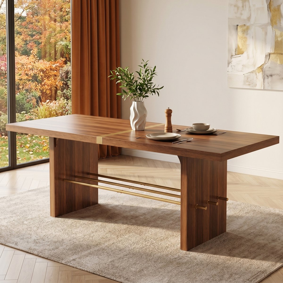 HAUSS SPOLE Eettafel - Modern Rechthoekig Ontwerp - Voor 6 Tot 8 Personen - Walnoot En Gou