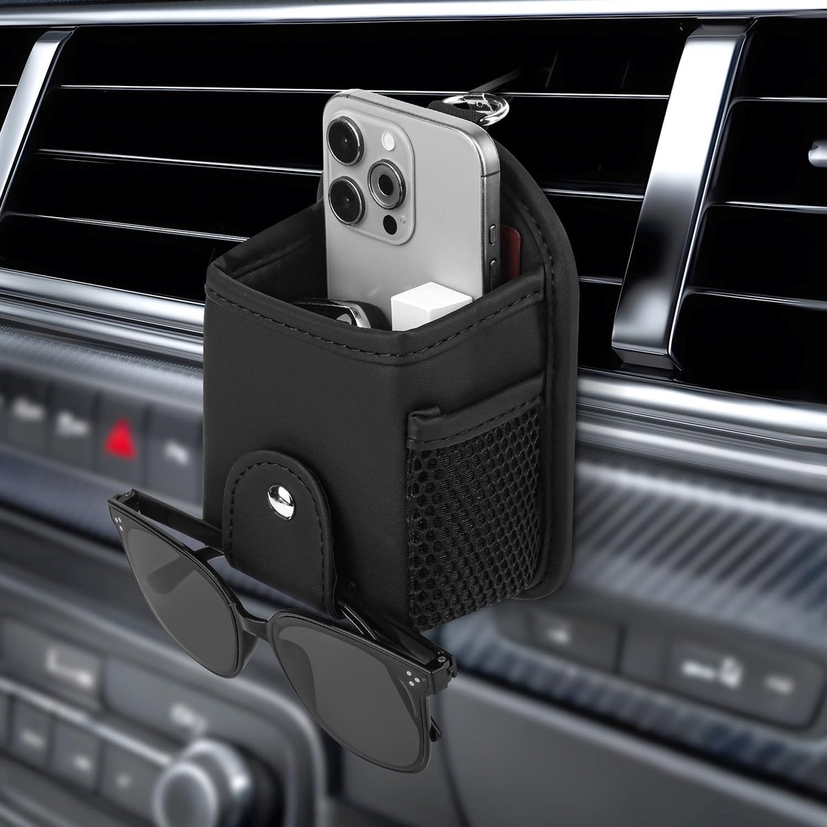 SnelShoppen - Car PU Leather Air Vent Pocket - Universele Zonnebrilhouder Organizer met Clip - Auto Interieur Opbergzak voor Telefoon, Muntjes, Sleute