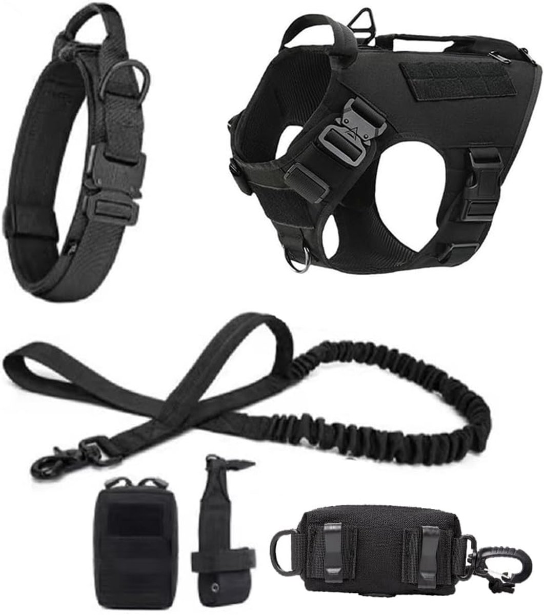 SnelShoppen - Hondenharnas voor Grote Honden, Trainingsvest voor Duitse Herder en Malinois, Inclusief Leash en Halsband Set, Zwart, Maat L, Weerbesten